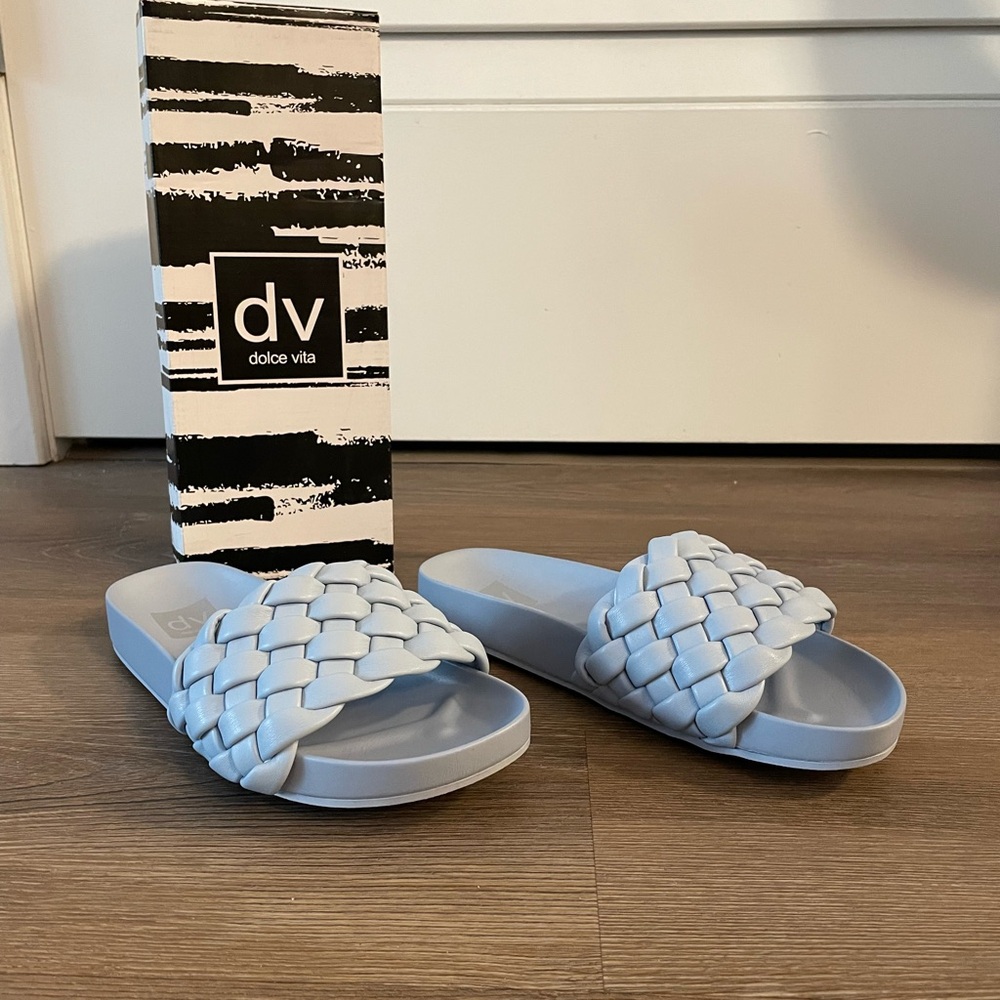NIB DV by Dolce Vita Paddy Woven Footbed Blue Slide Sandals